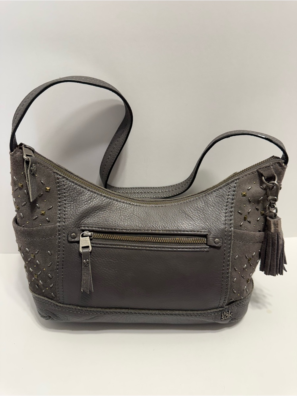 The Sak Gray, Leather, Studded, Hobo Shoulder Bag, Spacious Interior, Beautiful
